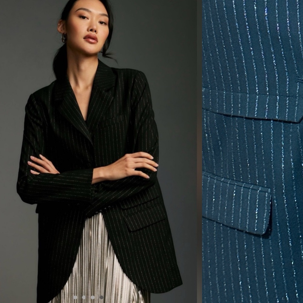 Anthropologie Maeve Tiered Sparkle Longline Blazer Black Silver Pinstripe